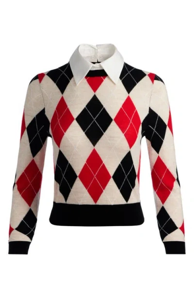 Alice And Olivia Carolann Collared Argyle Sweater In Neutral
