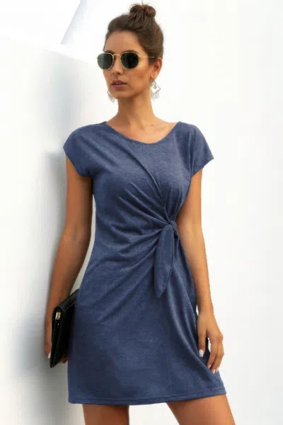 Truedames Solid Twist Knot Front Short Sleeve Tee Fit Dress In Blue