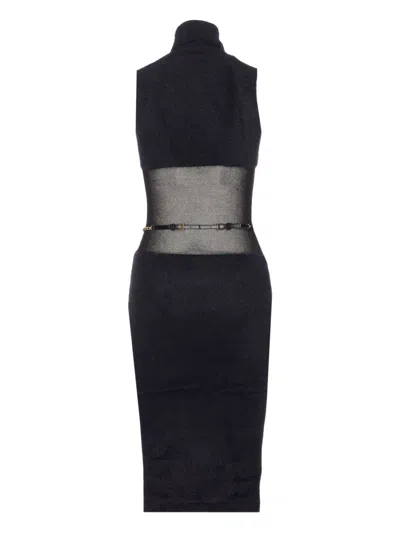 Elisabetta Franchi Midi Dress With Chain Belt And Sheer Panel In Black