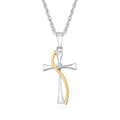 Ross-simons Sterling Silver And 14kt Yellow Gold Cross Pendant Necklace With Diamond Accent In Silver