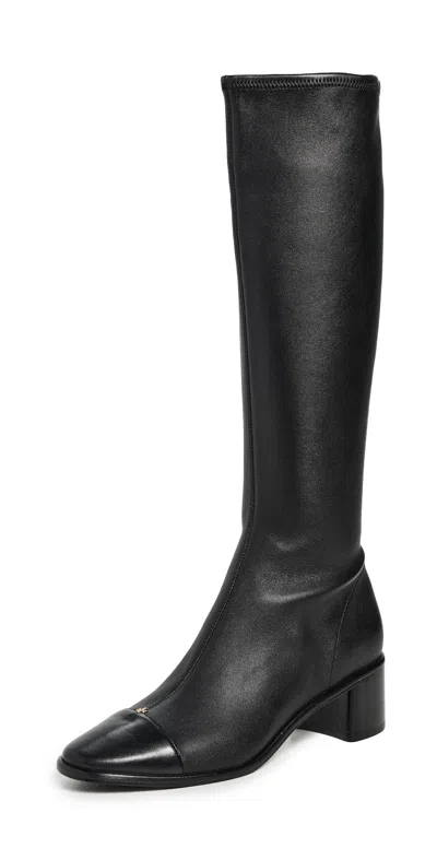 Tory Burch Leather Cap-toe Medallion Knee Boots In Black