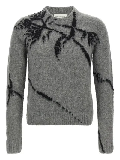 Dries Van Noten Mouche Embroidered Wool Sweater In Gray