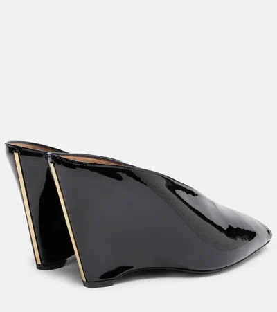 Ferragamo Leather Mules With Wedge Heel And Glossy Finish In Black