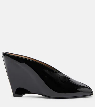 Ferragamo Leather Mules With Wedge Heel And Glossy Finish In Black