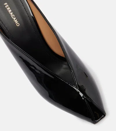 Ferragamo Leather Mules With Wedge Heel And Glossy Finish In Black