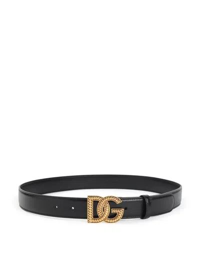Dolce & Gabbana Leather Logo Buckle Belt In Black