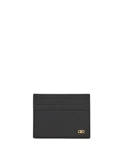 Ferragamo Black Card Holder With Micro Gancini On The Front And Logo Lettering On The Rear In Grained Leather  In Black