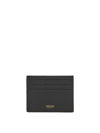 Ferragamo Black Card Holder With Micro Gancini On The Front And Logo Lettering On The Rear In Grained Leather  In Black
