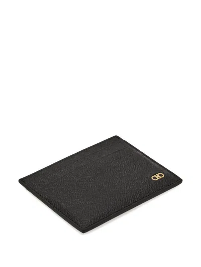 Ferragamo Black Card Holder With Micro Gancini On The Front And Logo Lettering On The Rear In Grained Leather  In Black