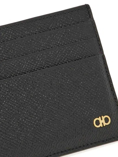 Ferragamo Black Card Holder With Micro Gancini On The Front And Logo Lettering On The Rear In Grained Leather  In Black