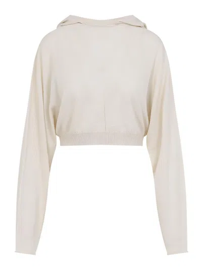 Rick Owens Natural White Virgin Wool Cropped Hooded Tunic Pullover In Neutral