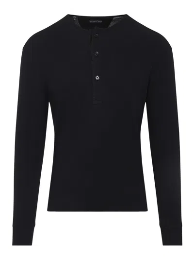 Tom Ford Henley Cotton Stretch Ribbed Long Sleeved T-shirt In Black