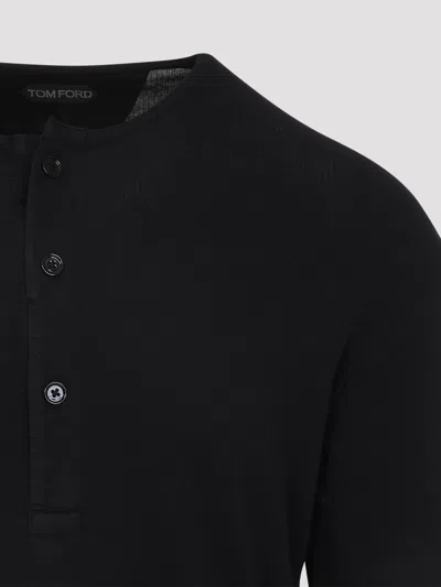 Tom Ford Henley Cotton Stretch Ribbed Long Sleeved T-shirt In Black