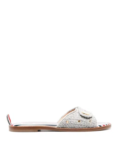 Thom Browne Embossed-button Tweed Flat Sandals In Gray