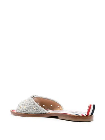 Thom Browne Embossed-button Tweed Flat Sandals In Gray