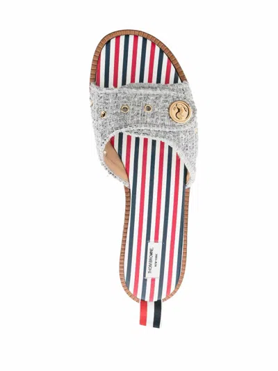 Thom Browne Embossed-button Tweed Flat Sandals In Gray