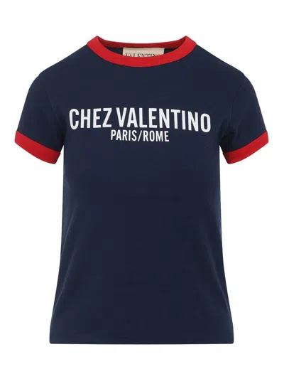 Valentino Crewneck Short Sleeves Contrast Trim Tops In Blue