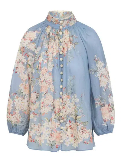 Zimmermann Cascadian Billowed Ramie Shirt In Blue
