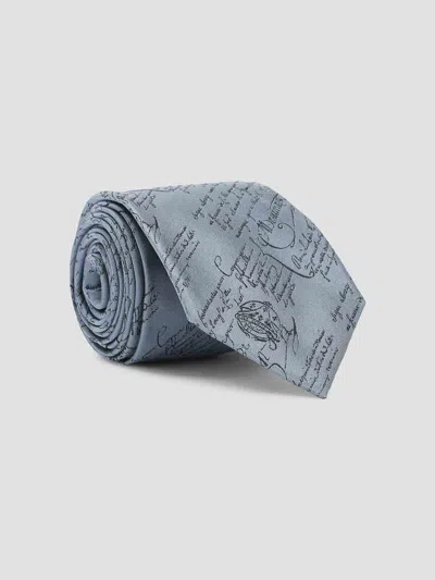 Berluti Script Pattern Silk Tie In Blue