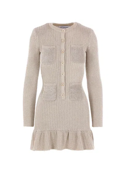 Self-portrait Ribbed Button-front Mini Dress In Brown