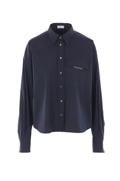 Brunello Cucinelli Monili Detail Curved Hem Shirt In Blue