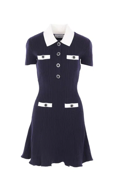 Self-portrait Mini Knitted Dress With Contrasting Collar In Blue
