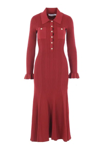 Self-portrait Fitted Ribbed Maxi Dress With Classic Collar In Red