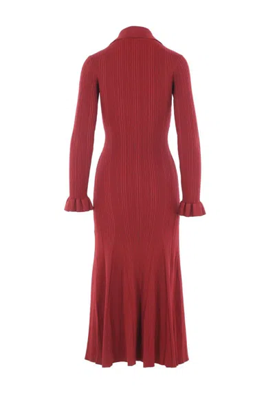 Self-portrait Fitted Ribbed Maxi Dress With Classic Collar In Red