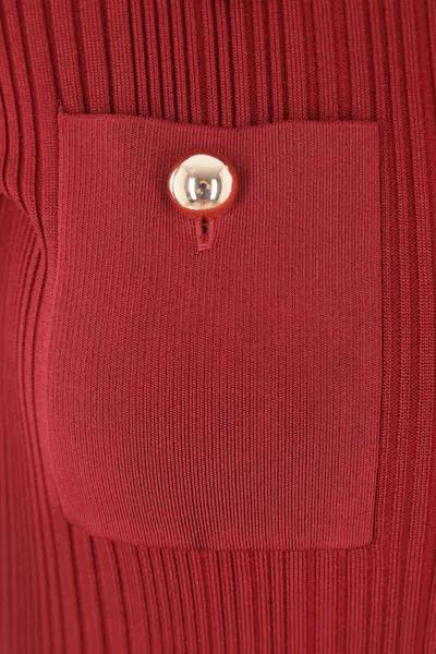 Self-portrait Fitted Ribbed Maxi Dress With Classic Collar In Red