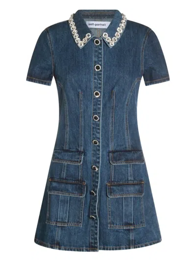 Self-portrait Denim Crystal Trim Collared Mini Dress Clothing In Blue