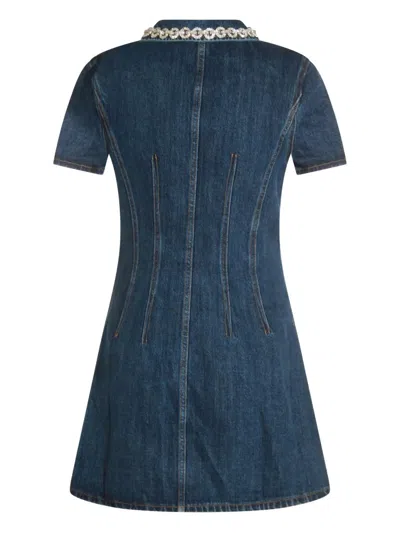 Self-portrait Denim Crystal Trim Collared Mini Dress Clothing In Blue