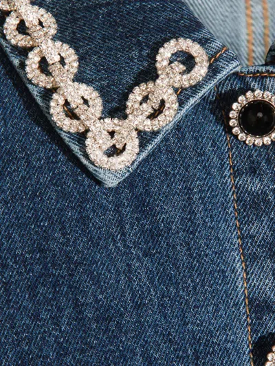 Self-portrait Denim Crystal Trim Collared Mini Dress Clothing In Blue