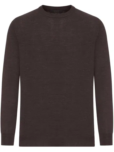 Zanone Crew Neck Sweater In Fine Combed Wool In Brown