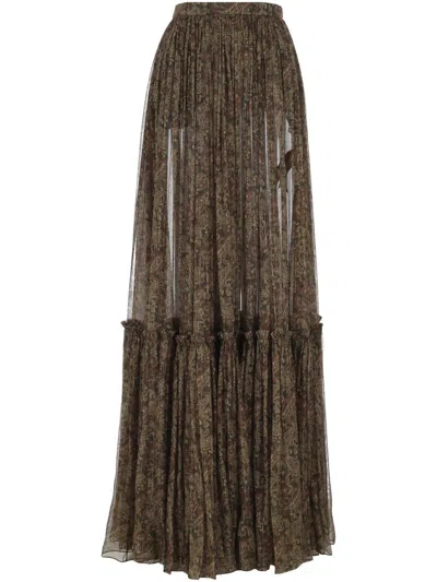 Saint Laurent Flounced Long Skirt In Brown