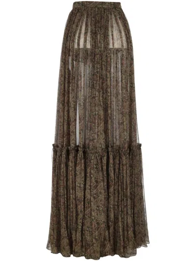 Saint Laurent Flounced Long Skirt In Brown