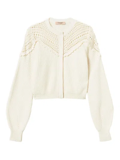 Twinset Crochet-detail Ribbed Cardigan In Neutral