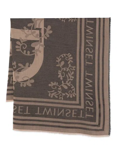 Twinset Floral-patterned Fringed Scarf In Brown