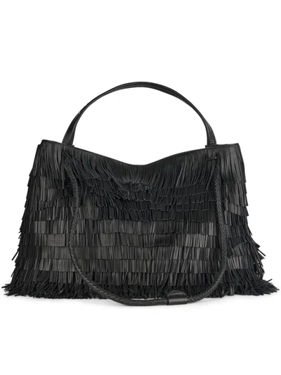 Visonà Fringe-edges Leather Tote Bag In Black