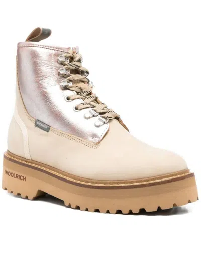 Woolrich Chunky Sole Leather Lace Up Ankle Boots In Neutral