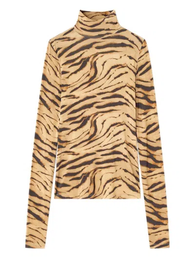 Ganni Tiger Print Long Sleeve Turtleneck Knitwear In Animal Print