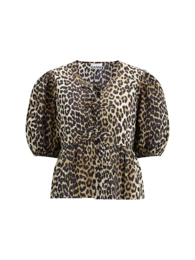 Ganni Leopard Cotton Shirt In Multi