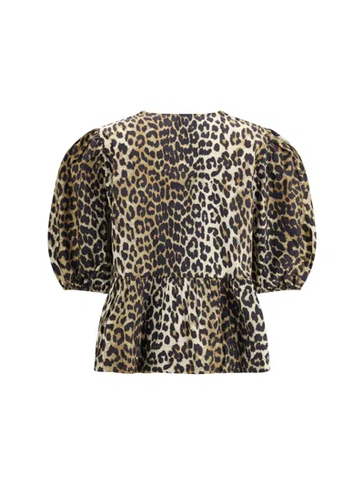 Ganni Leopard Cotton Shirt In Multi