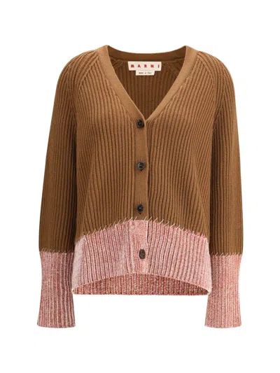 Marni Long Sleeve Merino Wool V-neck Cardigan In Brown