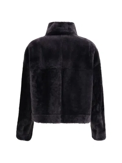 Brunello Cucinelli Grey Shearling Jacket With Two Front Welt Pockets With Zip In Black