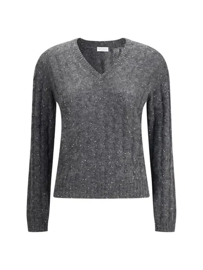 Brunello Cucinelli Textured Ribbed V-neck Sweater With Sparkling Details In Gray