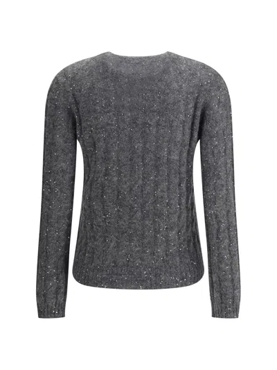 Brunello Cucinelli Textured Ribbed V-neck Sweater With Sparkling Details In Gray