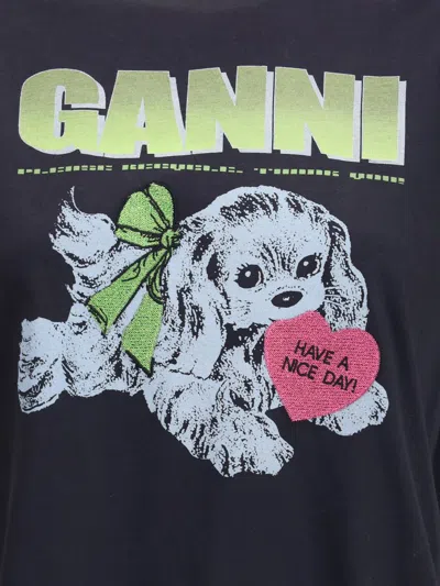 Ganni Organic Cotton T-shirt Featuring Dog Graphic In Black