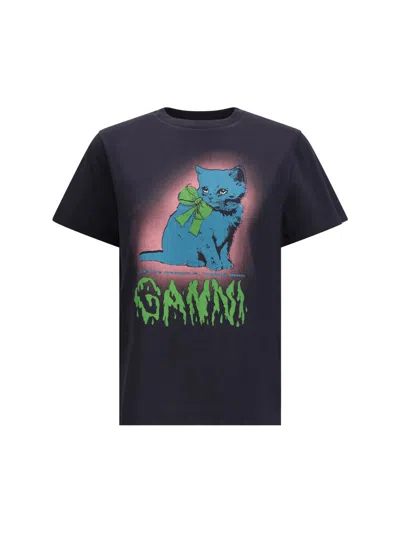 Ganni Women Black Crewneck T-shirt With Maxi Logo On The Front In Cotton Jersey Woman In Black