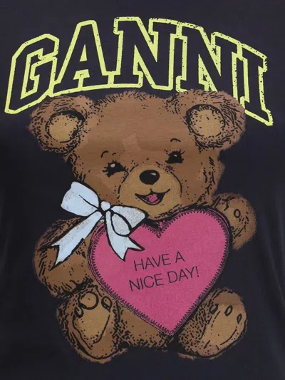 Ganni T-shirt With White Hems And Teddy Bear Print In Black