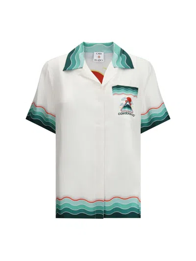 Casablanca White Montagne Ondulee Silk Short Sleeve Shirt In White